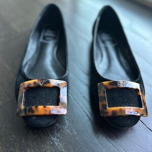 Roger Vivier Paris Black Suede Flats with Tortoise Buckle Size 37